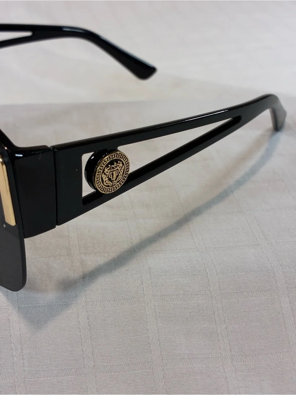 Men’s Black Shield Sunglasses with Gold Trim